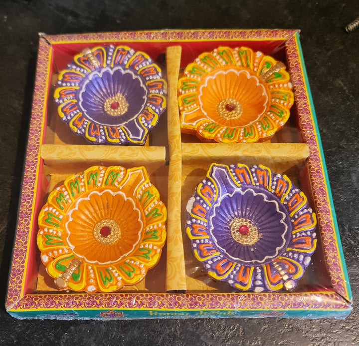 Designer Diya Unwaxed- Coloured (Pack of 4)